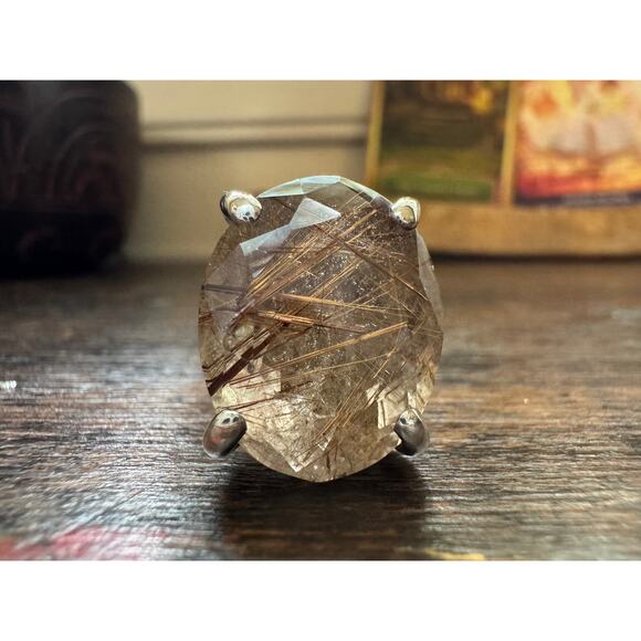 Copper Rutile Quartz Crystal Ring Sterling 925 Silver Statement Cocktail Sz 6.5 - Picture 10 of 11